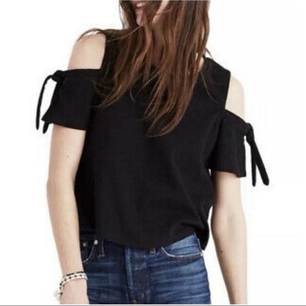 Madewell Black Skylar Cold Shoulder Top S Medium Solid Black Short Sleeve